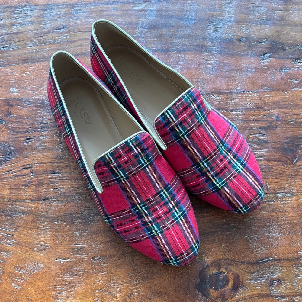 J. Crew Red Plaid Slip-On Loafers with Green & Black Accents